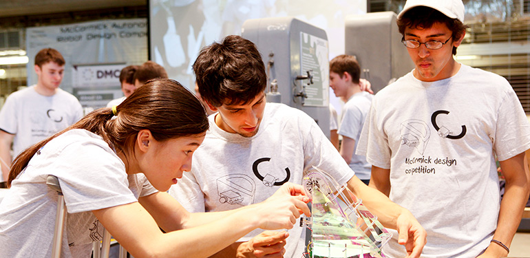 At McCormick's annual Design Competition, students design their own autonomous robots and watch them compete in an arena.