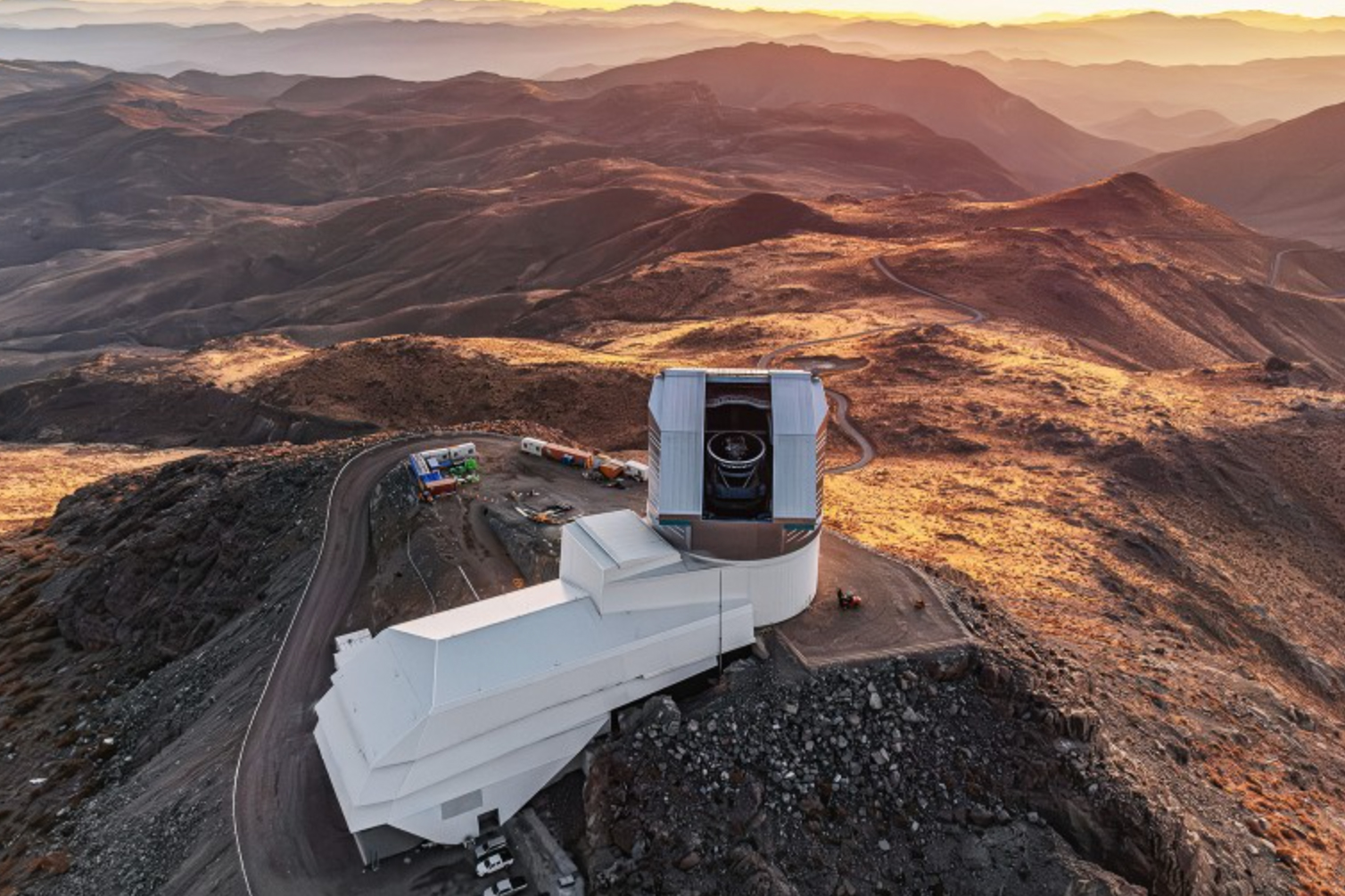 A drone view of NSF–DOE Vera C. Rubin Observatory during the First Look observing campaign.
