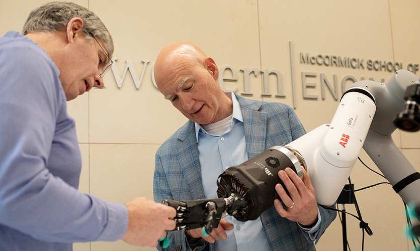Professors Kevin Lynch, left, and J. Edward Colgate are on a mission to create dexterous robot hands that could transform manufacturing, caregiving, and more.