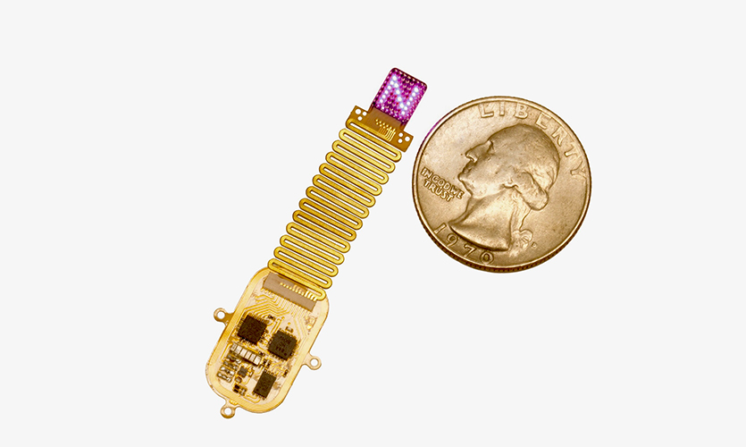 Roughly the size of a postage stamp and thinner than a credit card, the new device is less invasive than what had been developed previously by the team. Instead of extending into the brain through a tiny cranial defect, the new soft, flexible device conforms to the surface of the skull and shines light through the bone. 