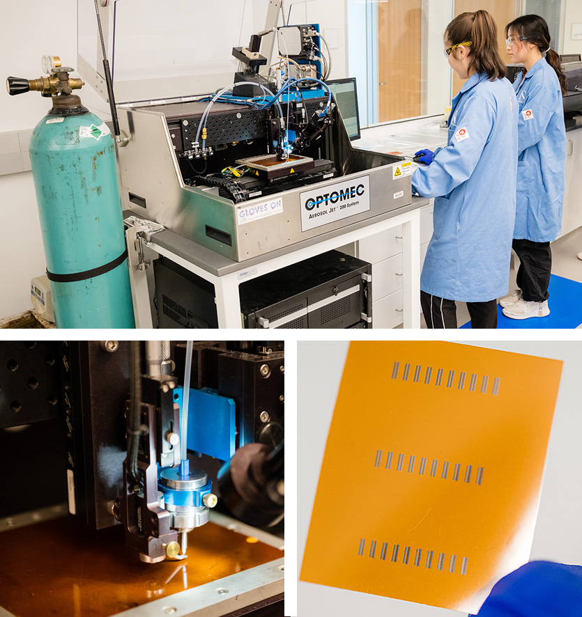 PhD student Heather Kurtz (top, left) prepares the aerosol jet printer, which aerosolizes non-material inks onto a substrate, making the machine a versatile tool for non-contact prototyping experiments. | Photos by Jason Brown