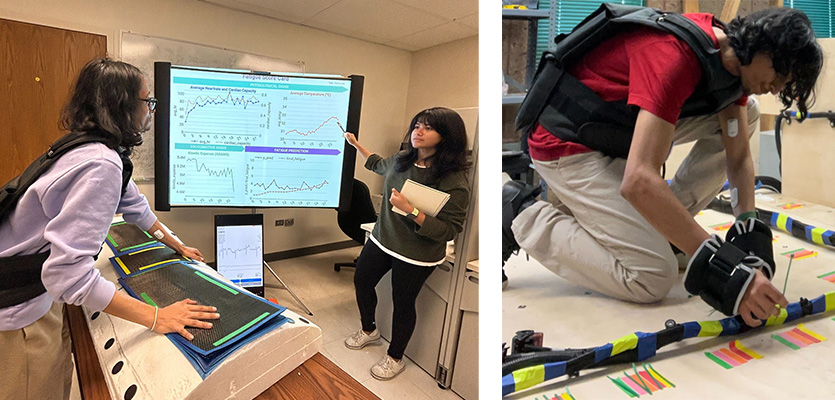 Left: Vasudev Aravind wears multimodal sensors while performing a simulated manufacturing task and Payal Mohapatra explains the predicated activity data on the 'Fatigue Score Card.' Right: Simulating a manufacturing environment, the research team collects the training data for the prediction model in a laboratory setting at Northwestern University. | Photos by Vasudev Aravind and Payal Mohapatra