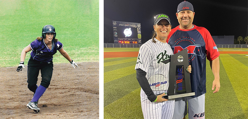 At left, Jennifer Stewart in action on the softball field. At right, Stewart and her husband, Curt, after the USSSA Women's Class AA World Series, September 2022.