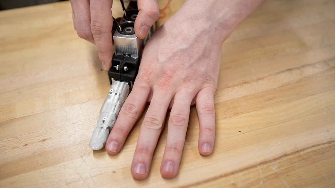 A three-degree-of-freedom robotic finger.